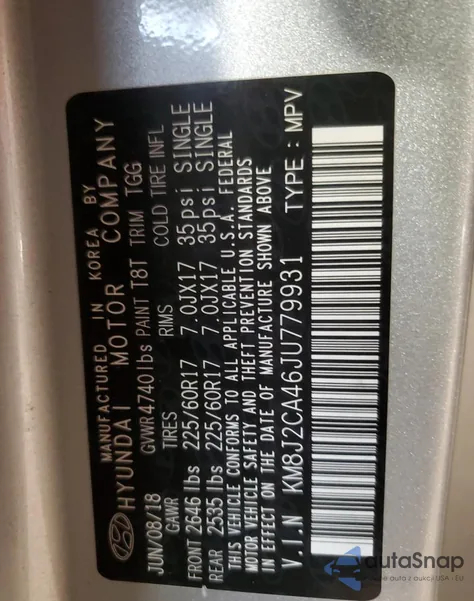 2018 Hyundai Tucson Se from USA, damaged, VIN KM8J2CA46JU779931